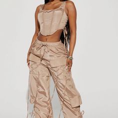 Fn 2 Piece Nylon Set In Tan | Never Worn Without Tags | Size M Summer Khaki Nylon Pants, Fitted Nylon Parachute Pants For Summer, Summer Nylon Parachute Pants, Stretch Nylon Parachute Pants For Summer, Spring Beige Nylon Bottoms, Fitted Parachute Pants For Summer, Fashion Nova Pants, M Pants, 2 Piece Set