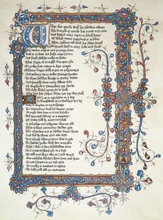 an illuminated manuscript with decorative border and initial letter d in blue, red, yellow and green