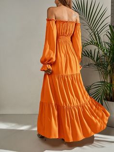 This flowy Marigold Dress is crafted for a classic look with utmost comfort in mind. Its delicate and feminine silhouette is designed to flatter your figure with ease and grace. The perfect choice for a sophisticated and stylish look. Orange A-Line High Waist Slight Stretch Regular Fit Polyester Size US Length Sleeve Length Bust Waist Size Cuff Bicep Length XS 2 48 20.9 24.4-41.7 22-41.7 6.7-19.3 9.3 S 4 48.8 21.3 26-43.3 23.6-43.3 7.1-19.7 9.8 M 6 49.6 21.7 27.6-44.9 25.2-44.9 7.5-20.1 10.4 L 8 Elegant A-line Maxi Dress In Rayon, Flowy Midi Dress For Fall, Elegant Plain A-line Maxi Dress, Chic Off-shoulder Solid Maxi Dress, Chic Solid Color Off-shoulder Maxi Dress, Solid A-line Dress With Ruched Details, Feminine Solid Color Dresses For Vacation, Flowy Solid Color Dress For Fall, Elegant Solid Color Midi Dress For Vacation