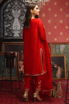 Reema (Three Piece)-Restocked – Zaaviay Global Traditional Slub Silk Churidar With Dabka Work, Red Slub Silk Traditional Churidar, Festive Slub Silk Sharara With Dabka Work, Festival Slub Silk Sharara With Dabka Work, Silk Kurta With Resham Embroidery For Diwali, Festive Slub Silk Churidar With Resham Embroidery, Designer Sharara With Resham Embroidery In Slub Silk, Traditional Wear Resham Embroidery Straight Kurta, Straight Kurta With Resham Embroidery In Slub Silk