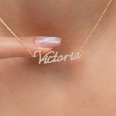 This 14k personalized diamond name necklace is the perfect gift for the bridal party, someone special, or yourself. How to order 1- Pick the fonts you like and send us a message 2- We will send you a picture of your name with the fonts you chose 3- If you like it any of them, place your order. 4- We send a final 3d mock up for approval. 5- Once approved we go ahead and finish your necklace. __________________________________________ M A T E R I A L & L E N G T H Available in 14k Yellow Gold, 14k Initials Cubic Zirconia Name Necklace As Gift, Initials Cubic Zirconia Name Necklace For Gift, Classic Diamond Initials Name Necklace, Custom Name Initial Pendant Necklace For Anniversary, Classic Personalized Diamond Necklace For Anniversary, Personalized Classic Diamond Necklace For Anniversary, Elegant Diamond Name Necklace With Initials, Diamond Nameplate Necklaces, Elegant Diamond Initials Name Necklace