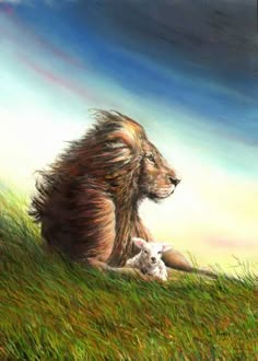 a painting of a lion and its baby laying in the grass