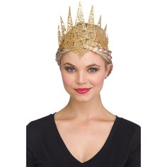 Put on this majestic crown and rule your kingdom with this Glitter Crown in gold. This flexible glitter crown features a golden lace material in high point spikes and a widow's peak base for a strong and regal look. Size: standard. Gender: female. Fantasy Style High Crown For Parties, Gold Tall Crown Costume Hats And Headpieces, Gold Costume Hat With Tall Crown, Gold Costume Hats And Headpieces For Halloween, Fantasy Crown With Pinched Shape For Party, Gold Crown Headpiece For Festive Occasions, Gold Costume Hat With Tall Crown For Parties, Gold Fantasy Costume Hats And Headpieces For Halloween, Fantasy Gold Costume Hats And Headpieces For Halloween