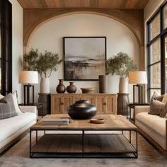 a living room with two couches and a coffee table in front of large windows