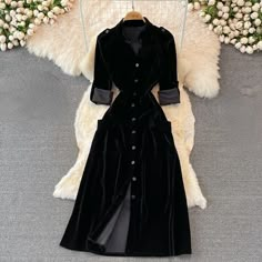 #ad Find ideas and inspiration for Lady French Velvet Dress Maxi V-neck Dress Fit Button Elegant Party Long Dress, Fashion Dresses Dress For Winter Party, Black Western Dress For Women, Long Black Dresses With Sleeves, Velvet Western Dress, Velvet Casual Dress, Black Western Dress, Elegant Winter Dress, Western Long Dresses, Black Velvet Dress Long