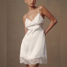 Meshki White Slip Dress. New With Tags, Perfect For Summer Date Night Out , Picnic, Girls Get Together. Could Be Used As A Bridal Outfit. Short Elopement Dress Lace, Short White Dress Sheer Sleeves, Slip Dress Lace White, Mini Bridal Dress Casual, White Lace Mini Wedding Dress, Wedding Slip Dress Short, Lace Sheer Slip Dress, V-neck Mini Dress For Wedding Night In Spring, White V-neck Night Dress