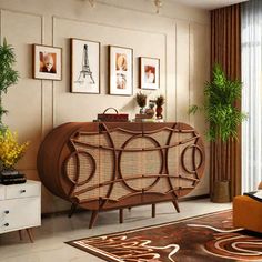 the living room is decorated in brown and orange tones with pictures on the wall above it