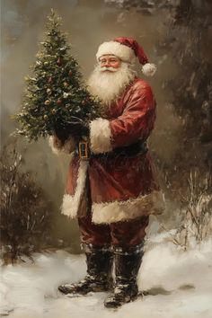 a painting of santa holding a christmas tree