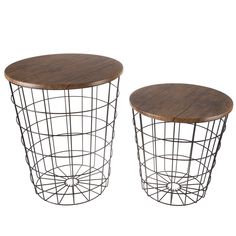 two metal wire and wood tables with wooden tops, one on top of the other