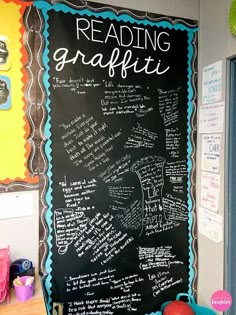 a chalkboard with writing on it in front of a classroom door that reads reading graffiti