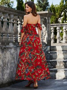 Indulge in exquisite charm with our Elegant Floral Maxi Dress, a captivating ensemble featuring an off-shoulder design and a vibrant red hue adorned with an exotic pattern. This long maxi dress is the epitome of sophistication, perfect for any occasion that demands timeless elegance. The off-shoulder silhouette adds a touch of allure, making it an ideal choice for those seeking both comfort and style. Elevate your wardrobe with this striking red floral maxi dress, designed to make a statement wi Red Floral Print Embroidered Summer Dress, Red Floral Print Off-shoulder Maxi Dress, Red Floral V-neck Summer Dress, Red Floral Maxi Dress, Red Floral Print V-neck Dress, Red Floral Print V-neck Dress For Summer, Long Maxi, Flounce Sleeve, Spring Summer Dress