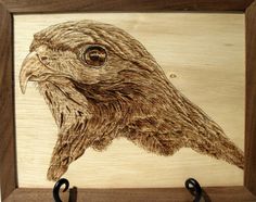 a wooden frame with a drawing of a bird on it's face and two black hooks