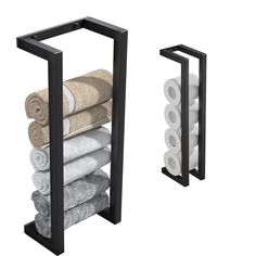 two black racks holding towels and rolls of toilet paper, one is open to show the folded ones