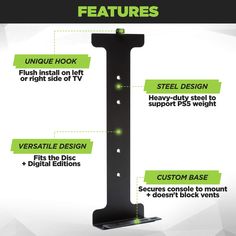 the features of a tv stand with different parts labeled in green and black text on it