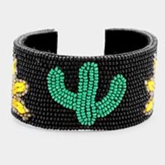 Cactus Design 1.6 X 3.25 Cuff Adjustable Black Cuff Bracelet With Colorful Beads, Trendy Beaded Jewelry For Spring, Summer Black Jewelry With Colorful Beads, Black Jewelry With Colorful Beads For Summer, Casual Green Jewelry With Black Beads, Casual Black Beaded Bracelets, Casual Spring Bangle Jewelry, Southwestern Black Beaded Bracelet With Colorful Beads, Summer Adjustable Beaded Bracelets With Black Beads