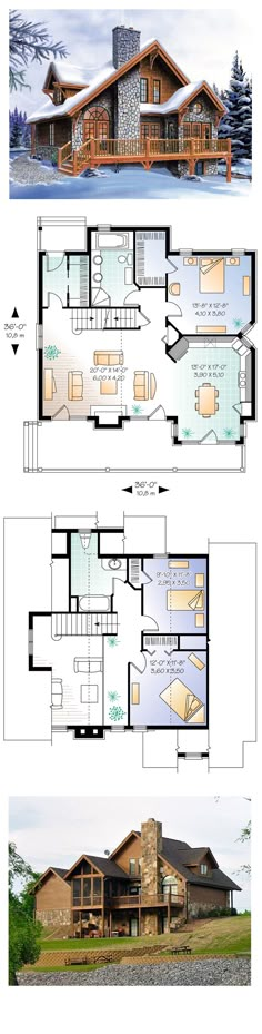 two story house plans with floor plans and elevation views for the front and back of the house