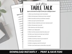 the printable table talk game is on top of a desk