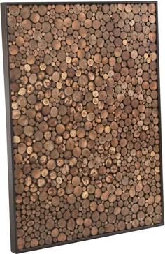 a wood panel with circles on it in brown and black frame, against a white background