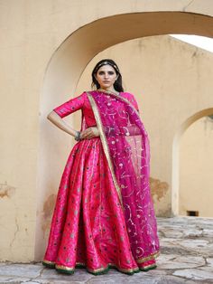 Aisha Pink Embroidered Brocade Lehenga Set (Set of 3) By Gulabo Jaipur now available at Trendroots Brocade Dupatta, Brocade Lehenga, Printed Lehenga, Party Wear Lehenga Choli, Lehenga Blouse, Party Wear Lehenga, Organza Dupatta, Hand Work, Blouse Length