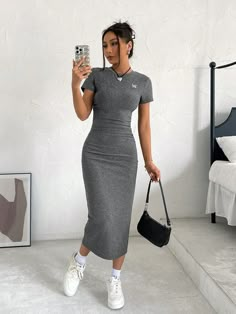 Letter Embroidery Ruched Bodycon Dress Grey Casual  Short Sleeve Knitted Fabric Letter Bodycon High Stretch  Women Clothing, size features are:Bust: ,Length: ,Sleeve Length: Gray Fitted Crew Neck Dress, Gray Fitted Dress With Crew Neck, Casual Gray Midi Bodycon Dress, Grey Bodycon Dress Outfit, Grey Dress Outfit, Pencil Dress Outfit, Sneakers Outfit Casual, Gymwear Outfits, Body Con Dress Outfit