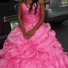 Use Only 2 Hours In Brand New Condition Pink Sleeveless Quinceanera Dress For Party, Elegant Pink Quinceanera Dress For Evening, Fitted Dress For Sweet 16, Sweet 16 Princess Sleeveless Dress, Elegant Pink Dress For Sweet 16, Sweet 16 Dress With Ruffles And Fitted Bodice, Elegant Pink Dress For Quinceanera, Pink Dress With Fitted Bodice For Sweet 16, Fitted Princess-style Quinceanera Dress