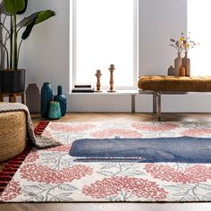 a living room with two couches and a rug on the floor in front of windows