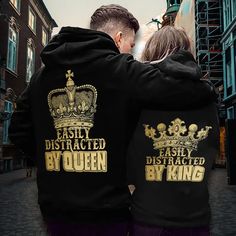 Easily Distracted By Queen  amp  Easily Distracted By King Hoodie Gifts For Matching Couples Shipping from the US. Easy 30 day return policy, 100% cotton, Double-needle neck, sleeves and hem; Roomy Unisex Fit. Cute Couple Outfits, Matching Couple Outfits