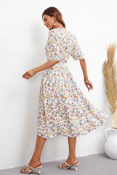 Women Dress Best Short Sleeve Printed Dress – Cloth Arlo Bohemian A-line Midi Dress For Garden Party, Summer V-neck Dress With Ditsy Floral Print, Spring Feminine A-line Dress, Feminine A-line Spring Dress, Multicolor V-neck Ditsy Floral Dress, Floral Print Short Sleeve V-neck Dress For Day Out, Beach A-line Shift Dress, Spring Floral Print Maxi V-neck Dress, Spring A-line Flowy Midi Dress