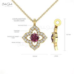 Description Elevate her style with this Real 14k Gold Flower Pendant, adorned with a vibrant 3mm Rhodolite Garnet and sparkling G-H diamonds. Perfect as a January birthstone gift or a romantic gesture, this necklace blends elegance with timeless charm. A must-have in solitaire jewelry collections! The gold chain shown in pictures is just for reference and display purpose, in order pendant comes with a COMPLIMENTARY 925 SILVER CHAIN. Product Details SKU CJ P 1252 RG Metal 14K solid gold Product d Gold Garnet Jewelry With Diamond Accents, Exquisite Garnet Gemstone Jewelry, Round Diamond Pendant, Wedding Charm, Gemstone Pendant Necklace, Tourmaline Pendant, Necklace For Her, Your Gorgeous, Tanzanite Gemstone