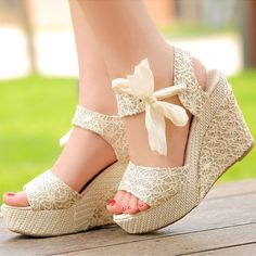 null Princess Sandals, High Heel Wedges Platform, Lace Wedges, Beige Wedges, Wedge Shoe, Shoe Designs, Bridal Sandals, Ankle Shoes, Wedges Sandals