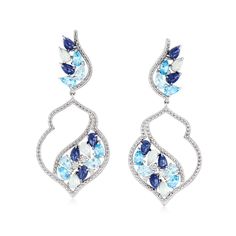 Ross-Simons - 10.40 ct. t. w. Multi-Gemstone Drop Earrings in Sterling Silver. An RS exclusive. The chilly blue hues of our graceful drop earrings are a breath of fresh air. A dazzling arrangement of pear-shaped sapphires, aquamarines, Swiss and sky blue topaz totaling 10.20 carats is surrounded by the sparkle of .20 ct. t. w. white topaz rounds. Crafted in sterling silver. Hanging length is 1 7/8". Post/clutch, multi-gemstone drop earrings. Aquamarine birthstones are the perfect gift for March Blue Topaz Multi-stone Earrings, Elegant Blue Stone Earrings, Elegant Blue Earrings With Stones, Blue Multi-stone Cubic Zirconia Earrings, Elegant Sapphire Multi-stone Earrings, Sapphire Multi-stone Earrings Fine Jewelry, Aquamarine Birthstone, Gemstone Drop Earrings, Deco Earrings