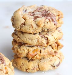 chocolate chip cookies stacked on top of each other