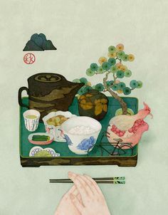 a painting of food on a tray with chopsticks and a hand reaching for it