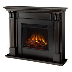 a black fireplace with flames in it