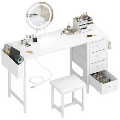 a white desk with two drawers and a mirror on the top, next to a stool