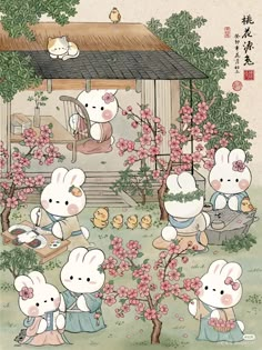 some little white mice are eating food in front of a house with pink flowers and trees