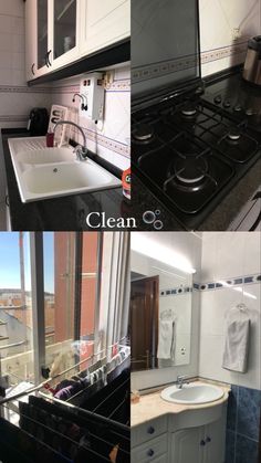 four different views of the same kitchen and bath room in one photo, including sink, stove, cabinets, window, and countertop