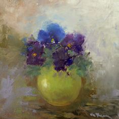 a painting of purple flowers in a yellow vase