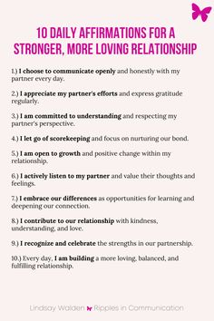 a pink poster with the words 10 daily affirmations for a stronger, more loving