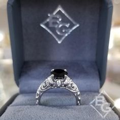 Artcarved Peyton Black Diamond Engagement Ring Featuring Scrollwork Design Black Diamond Engagement Ring, Black Diamond Engagement, Vintage Style Rings, Black Diamond Ring Engagement, Jewelry Appraisal, White Diamonds, Black Diamond, White Diamond, Diamond White