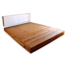 a wooden bed frame with white headboard and foot board on the bottom side, against a white background