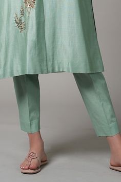 Green chanderi collared open front kurta with placement embroidery. Paired with a pant. - Aza Fashions Placement Embroidery, Women Kurta, Straight Kurta, Set Women, Pant Set, Aza Fashion, Front Open, Pants Set, Sequin