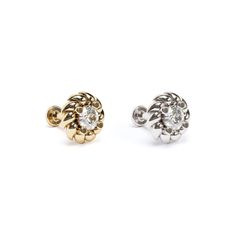 A beautiful flat back stud earring to add to your cartilage. With a modern design, this unique stud is crafted from 14k solid gold with a prong set diamond totaling 0.03 carats. It's minimalist and totally chic. You'll love wearing it! The threaded screw pin earring post is easy to insert and remove, and the flat back makes it comfortable to wear. Our screw pin flat back earring studs are made of solid 14k gold and are hypoallergenic and nickel free. Materials: * 14k solid gold  * Genuine or lab Elegant Internally Threaded Cartilage Earrings For Anniversary, Elegant Round Screw Back Piercings, Elegant Round Piercings With Screw Back, Elegant Yellow Gold Piercings With Screw Back, Diamond Piercing, Daith Jewelry, Helix Jewelry, Unique Studs, Tragus Jewelry