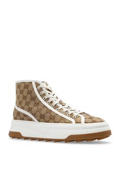 Beige, brown and white sneakers from Gucci. Crafted from 'GG Supreme' canvas, this lace-up model sits on a white rubber sole and showcases a logo pattern,Composition: Outer Layer:FabricInner Layer:FabricSole:RubberComposition: 100% Fabric | Gucci Men's Sneakers With Logo in Beige | FW23/24 Gucci Mens Sneakers, Pattern Composition, Guccio Gucci, Gucci Sneakers, Logo Pattern, Gucci Men, Beige Brown, Sneaker Shopping, A Logo