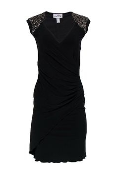 Current Boutique-Joseph Ribkoff - Black Plunge Gathered Side Sheath Dress w/ Beading Sz 2 Designer Drapes, Joseph Ribkoff, Draped Dress, Red Lipstick, Shoulder Design, Scalloped Edge, Friday Night, Formal Occasion, Sheath Dress