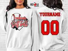 Personalized Softball School Spirit T-Shirt Crewneck, Hoodie Hooded Sweatshirt Not all colors are available in all sizes and styles.  Please check the color and size charts in photos. We do our best to accurately represent shirt colors by using actual photos but do understand that all monitors will display differently. Please contact us prior to purchase with any questions on sizing or colors. Your purchase includes a custom imprint created specifically for your team! A product proof will be emailed to you within 1 business day.  Please keep an eye on your Etsy messages and reply with any changes within 24 hours. Your order will be sent to production after that time if no response is received. Excessive editing will incur an additional fee so be sure to double check your information when p White Varsity Crew Neck With Sublimation Design, White Pre-shrunk Sweatshirt For Fan Merchandise, White Team Spirit Sweatshirt For Baseball Season, Casual White Sweatshirt For Sports Events, White School Spirit Sweatshirt For Baseball Season, White School Spirit Sweatshirt With Team Logo, White Team Logo Hoodie For Sports Season, White School Spirit Sweatshirt For Sports Season, White Hoodie With Team Logo For Sports Season