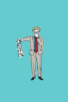 a drawing of a man in a suit holding a piece of paper