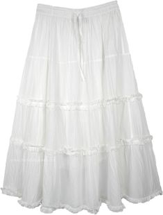 This white skirt features slightly crinkled cotton, four tiers and a flounce hem on each tier, and an elastic waistband with a drawstring.  The fabulously light crinkly texture looks best without special care. #tlb #Crinkle #XLPlus #TieredSkirt #MaxiSkirt #Solid #WhiteSkirt #CottonSkirt #SummerSkirt #Crinkle Broomstick Skirt, Grunge Skirt, White Long Skirt, White Elegance, Fairy Skirt, White Maxi Skirts, Tiered Skirts, Trendy Skirts, White Skirt