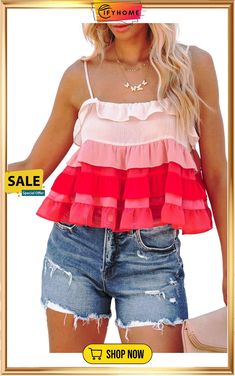 Red Gradient Ruffle Tiered Spaghetti Straps Tank Top Red Camisole For Summer Beach Party, Spring Red Camisole For Beach, Red Camisole For Summer Beach, Red Summer Beach Camisole, Red Camisole For Beach In Summer, Spring Vacation Red Camisole, Casual Pink Ruffled Camisole, Casual Pink Camisole With Ruffles, Casual Red Camisole For Spring