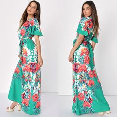 This Is A Nwt Lulus Still In Paradise Green Floral Maxi Dress. No Flaws. Size M Measurements Taken Lying Flat. Armpit To Armpit- About 18in Waist- 13 1/2in Length- About 62in 97% Polyester & 3% Spandex Bust: Great For Any Cup Size. Waist: Fitted - Elastic Waist Allows Stretch. Hip: Not Fitted - Room For Hips. Undergarments: May Be Worn With Any Standard Bra. Fabric: Fabric Has No Stretch. Length: Floor Length. Lulus Exclusive! Even When You're Back From Vacay, The Lulus Still In Paradise Green F Yellow And Dark Blue, Green Floral Maxi Dress, Blues Dance, Shades Of Coral, Dresses Lulus, Full Maxi Skirt, Lulus Dresses, Sash Belts, Green Floral Print